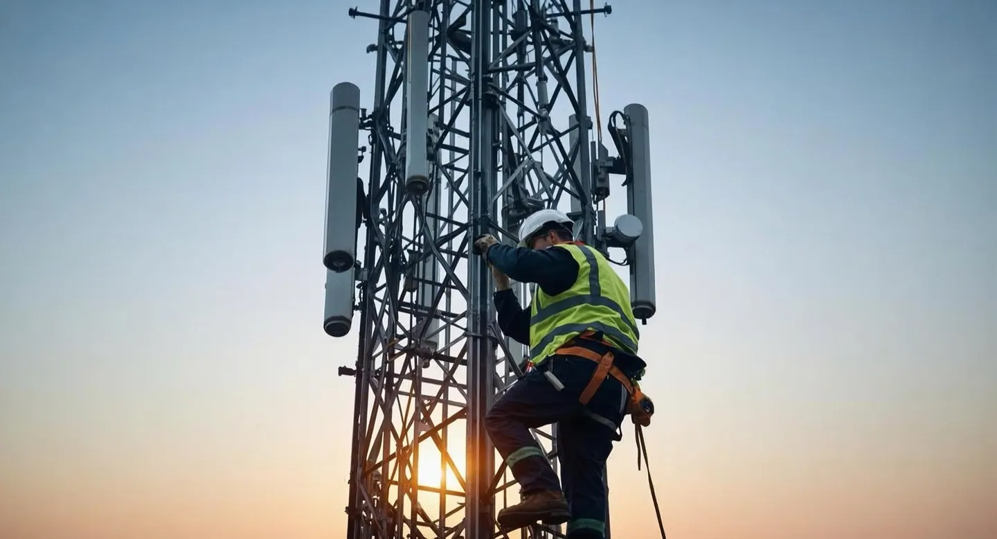 Técnico executando manutenção em estrutura de telecomunicações ao pôr do sol